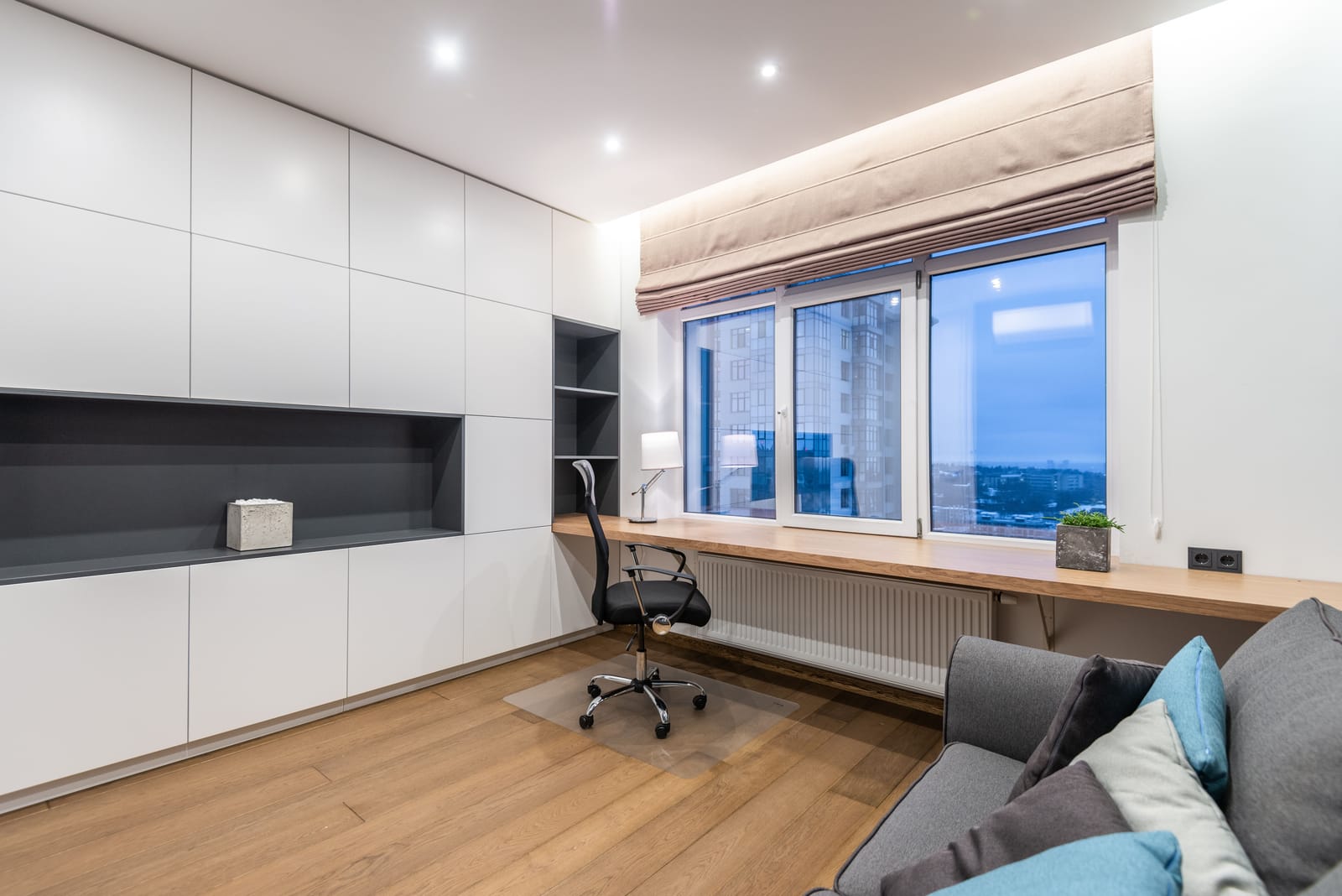 Light oak wood flooring in a modern Las Vegas home office